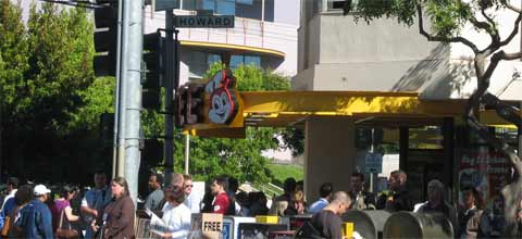 seybold attendees wait during evac. jollybee lurks above...